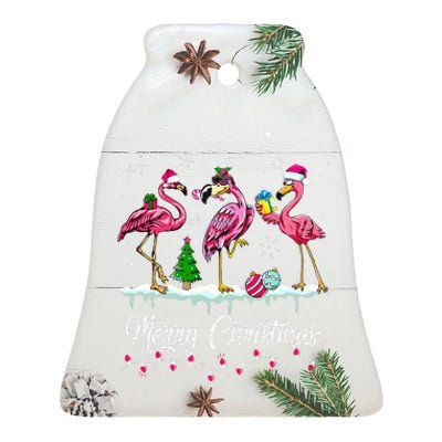 Merry Christmas Hat Santa Flamingo Snow Xmas Pajamas  Ceramic Bell Ornament