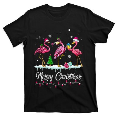 Merry Christmas Hat Santa Flamingo Light Snow Xmas Pajamas T-Shirt