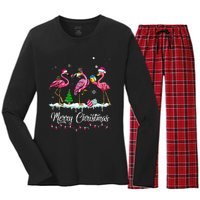 Merry Christmas Hat Santa Flamingo Light Snow Xmas Pajamas Women's Long Sleeve Flannel Pajama Set 