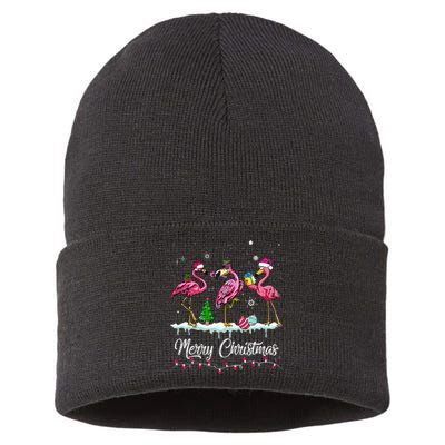 Merry Christmas Hat Santa Flamingo Light Snow Xmas Pajamas Sustainable Knit Beanie