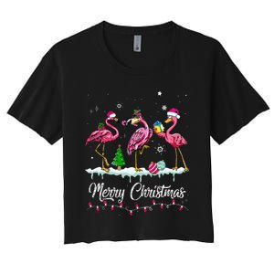 Merry Christmas Hat Santa Flamingo Light Snow Xmas Pajamas Women's Crop Top Tee