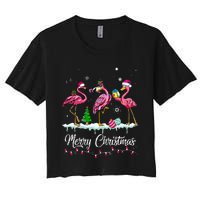 Merry Christmas Hat Santa Flamingo Light Snow Xmas Pajamas Women's Crop Top Tee