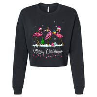 Merry Christmas Hat Santa Flamingo Light Snow Xmas Pajamas Cropped Pullover Crew