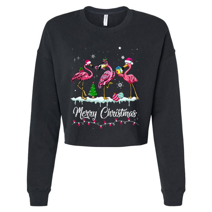 Merry Christmas Hat Santa Flamingo Light Snow Xmas Pajamas Cropped Pullover Crew