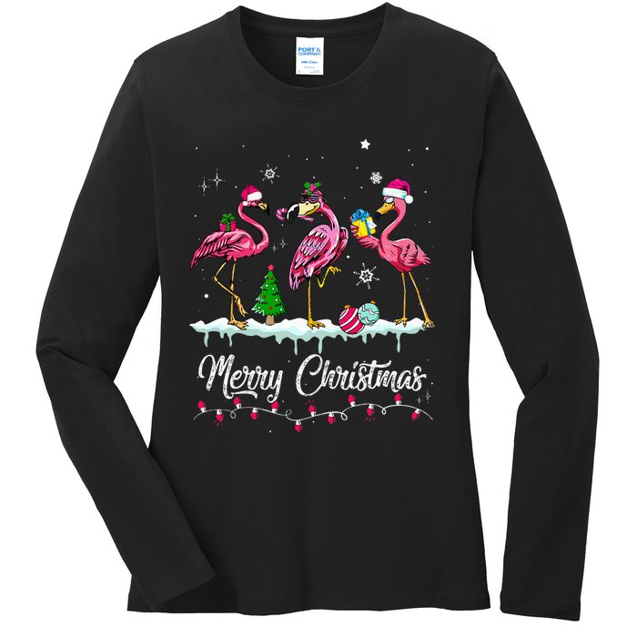 Merry Christmas Hat Santa Flamingo Light Snow Xmas Pajamas Ladies Long Sleeve Shirt