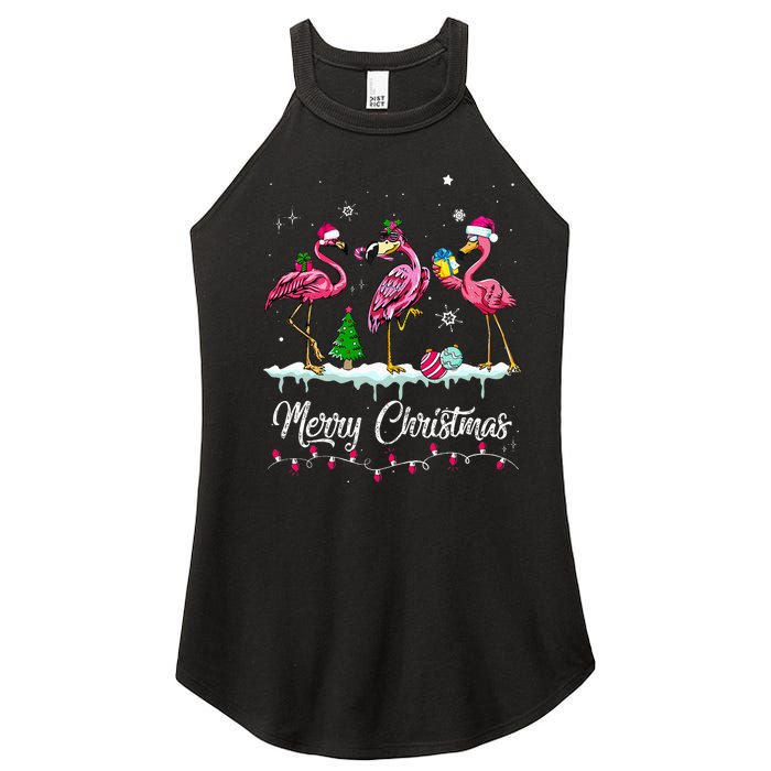 Merry Christmas Hat Santa Flamingo Light Snow Xmas Pajamas Women's Perfect Tri Rocker Tank