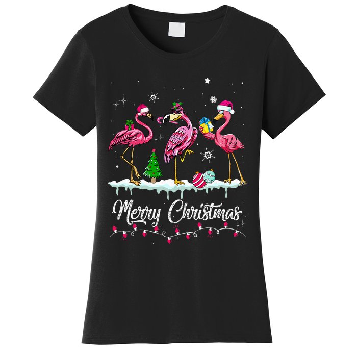 Merry Christmas Hat Santa Flamingo Light Snow Xmas Pajamas Women's T-Shirt