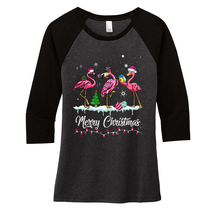 Merry Christmas Hat Santa Flamingo Light Snow Xmas Pajamas Women's Tri-Blend 3/4-Sleeve Raglan Shirt