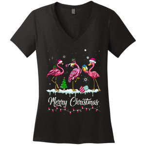 Merry Christmas Hat Santa Flamingo Light Snow Xmas Pajamas Women's V-Neck T-Shirt