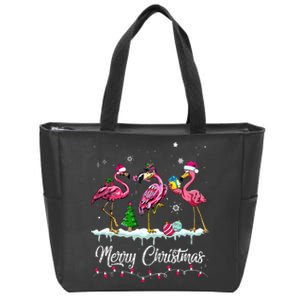 Merry Christmas Hat Santa Flamingo Light Snow Xmas Pajamas Zip Tote Bag