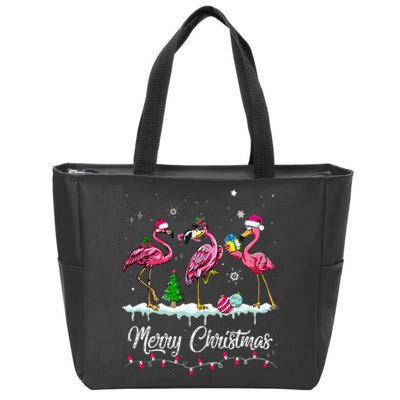 Merry Christmas Hat Santa Flamingo Light Snow Xmas Pajamas Zip Tote Bag