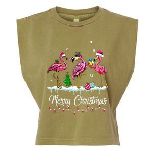 Merry Christmas Hat Santa Flamingo Light Snow Xmas Pajamas Garment-Dyed Women's Muscle Tee