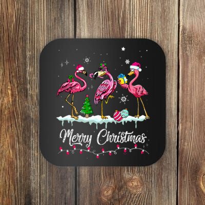 Merry Christmas Hat Santa Flamingo Snow Xmas Pajamas  Coaster