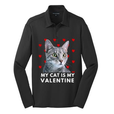 My Cat Is My Valentine Funny Grey Cat Valentines Day Gift Silk Touch Performance Long Sleeve Polo