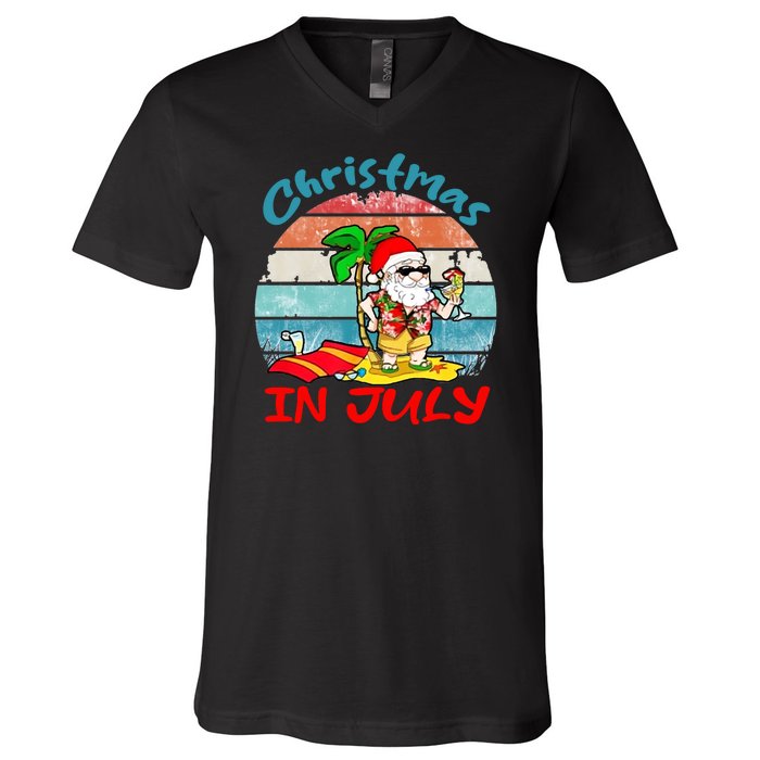 Merry Christmas In July Santa Beach Party Summer Vacation V-Neck T-Shirt