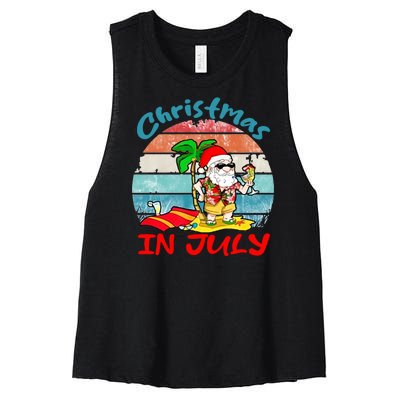 Merry Christmas In July Santa Beach Party Summer Vacation Women's Racerback Cropped Tank