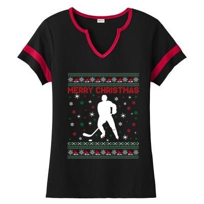 Merry Christmas Ice Hockey Ugly Xmas Snowflakes Tree Funny Gift Ladies Halftime Notch Neck Tee