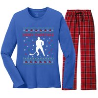 Merry Christmas Ice Hockey Ugly Xmas Snowflakes Tree Funny Gift Women's Long Sleeve Flannel Pajama Set 