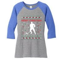 Merry Christmas Ice Hockey Ugly Xmas Snowflakes Tree Funny Gift Women's Tri-Blend 3/4-Sleeve Raglan Shirt