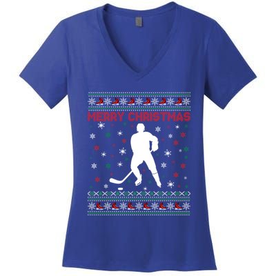 Merry Christmas Ice Hockey Ugly Xmas Snowflakes Tree Funny Gift Women's V-Neck T-Shirt