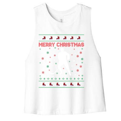 Merry Christmas Ice Hockey Ugly Xmas Snowflakes Tree Funny Gift Women's Racerback Cropped Tank