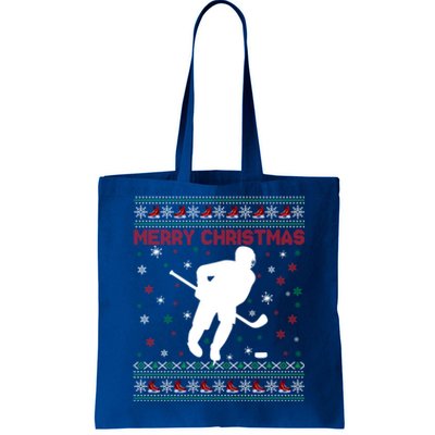 Merry Christmas Ice Hockey Ugly Xmas Snowflakes Tree Funny Gift Tote Bag