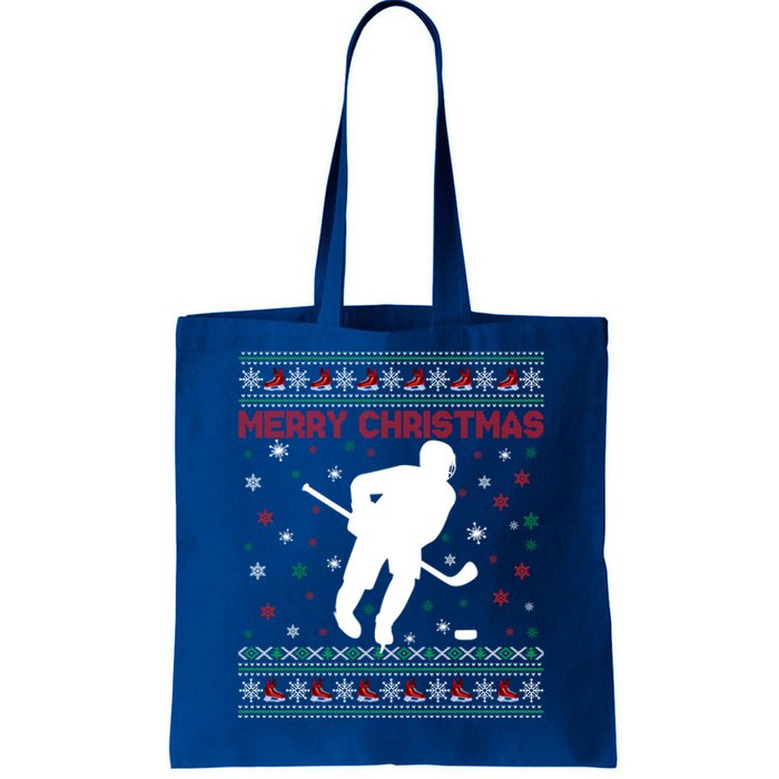 Merry Christmas Ice Hockey Ugly Xmas Snowflakes Tree Funny Gift Tote Bag