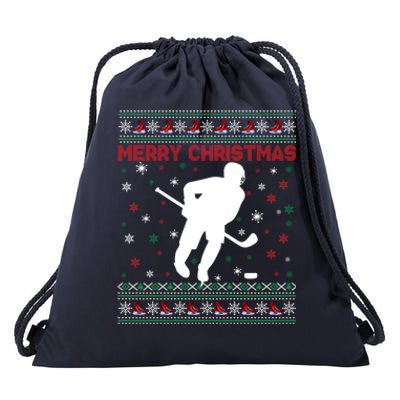 Merry Christmas Ice Hockey Ugly Xmas Snowflakes Tree Funny Gift Drawstring Bag