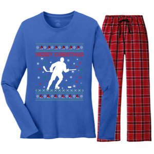 Merry Christmas Ice Hockey Ugly Xmas Snowflakes Tree Funny Gift Women's Long Sleeve Flannel Pajama Set 