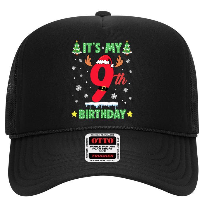 Merry Christmas ItS My 9th Birthday Xmas High Crown Mesh Back Trucker Hat