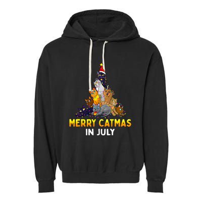 Merry Catmas In July Cute Cat Xmas Tree Garment-Dyed Fleece Hoodie