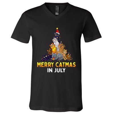 Merry Catmas In July Cute Cat Xmas Tree V-Neck T-Shirt