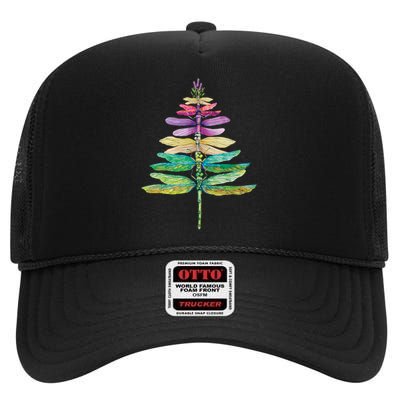 Merry Christmas Insect Lover Xmas Dragonfly Christmas Tree Long Sleeve High Crown Mesh Back Trucker Hat