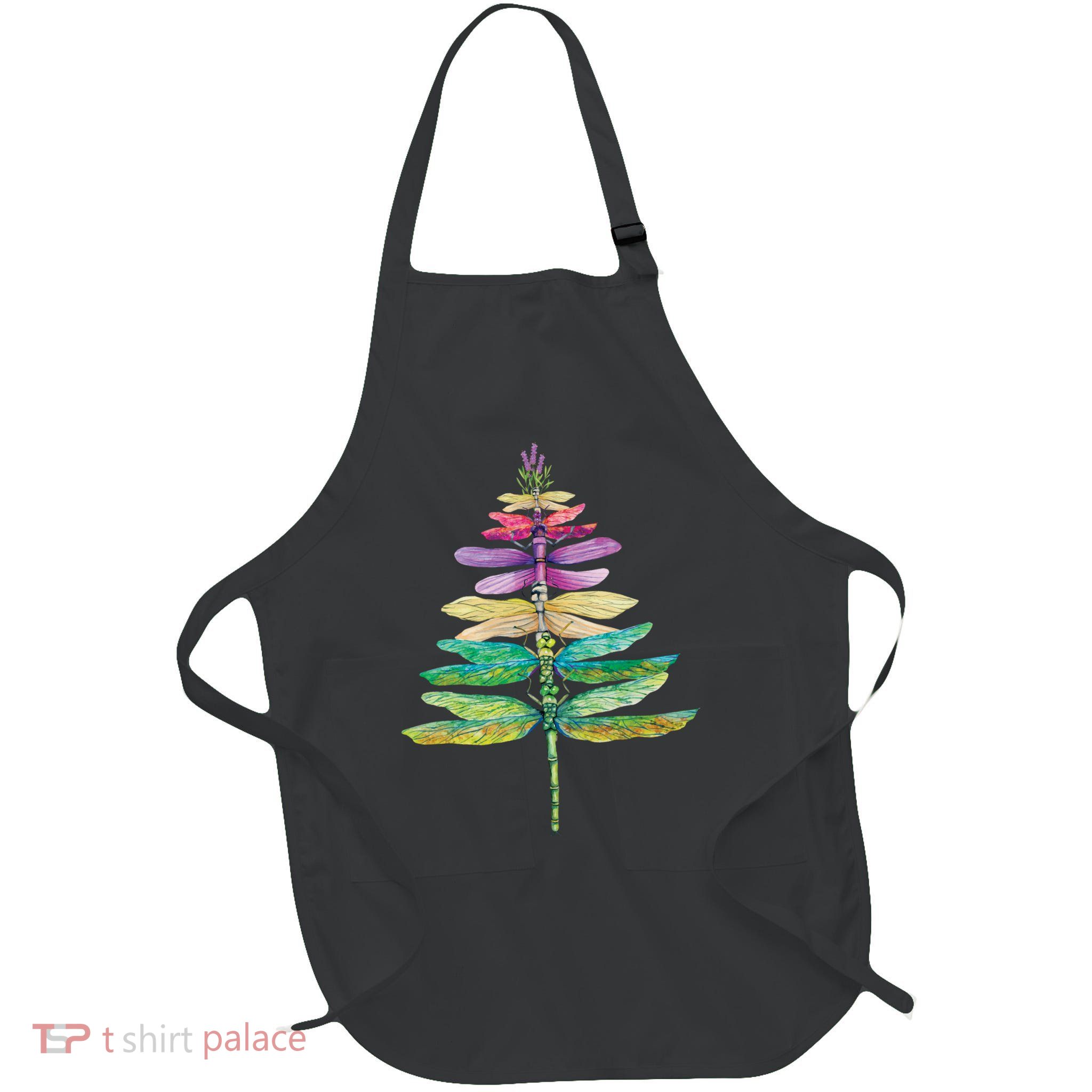 Merry Christmas Insect Lover Xmas Dragonfly Christmas Tree Long Sleeve Full-Length Apron With Pockets