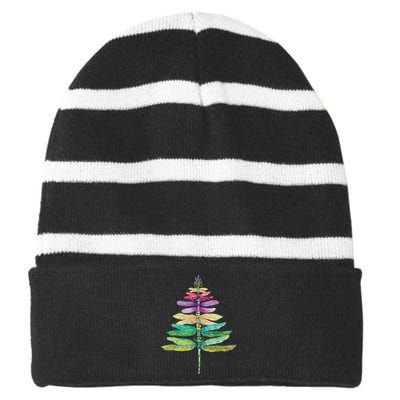 Merry Christmas Insect Lover Xmas Dragonfly Christmas Tree Long Sleeve Striped Beanie with Solid Band