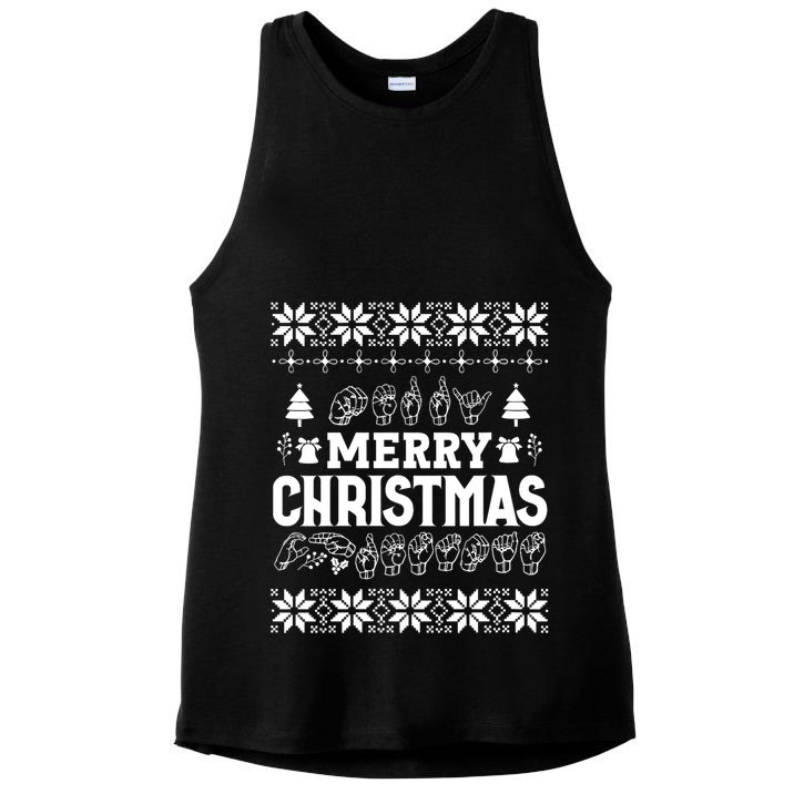 Merry Christmas In Sign Language Asl Hand Ugly Sweater Vneck Ladies PosiCharge Tri-Blend Wicking Tank