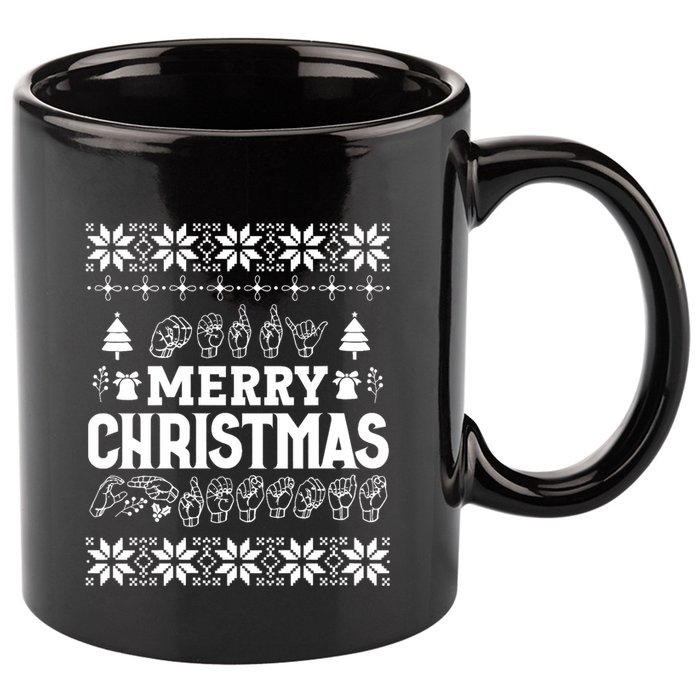 Merry Christmas In Sign Language Asl Hand Ugly Sweater Vneck 11oz C Handle Ceramic Mug