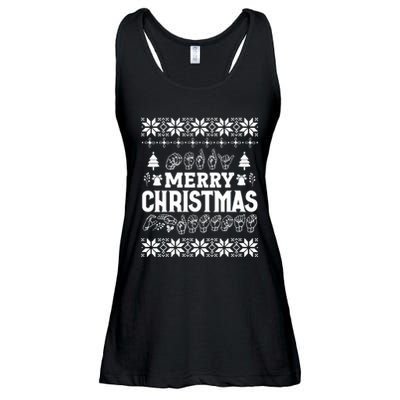 Merry Christmas In Sign Language Asl Hand Ugly Sweater Vneck Ladies Essential Flowy Tank