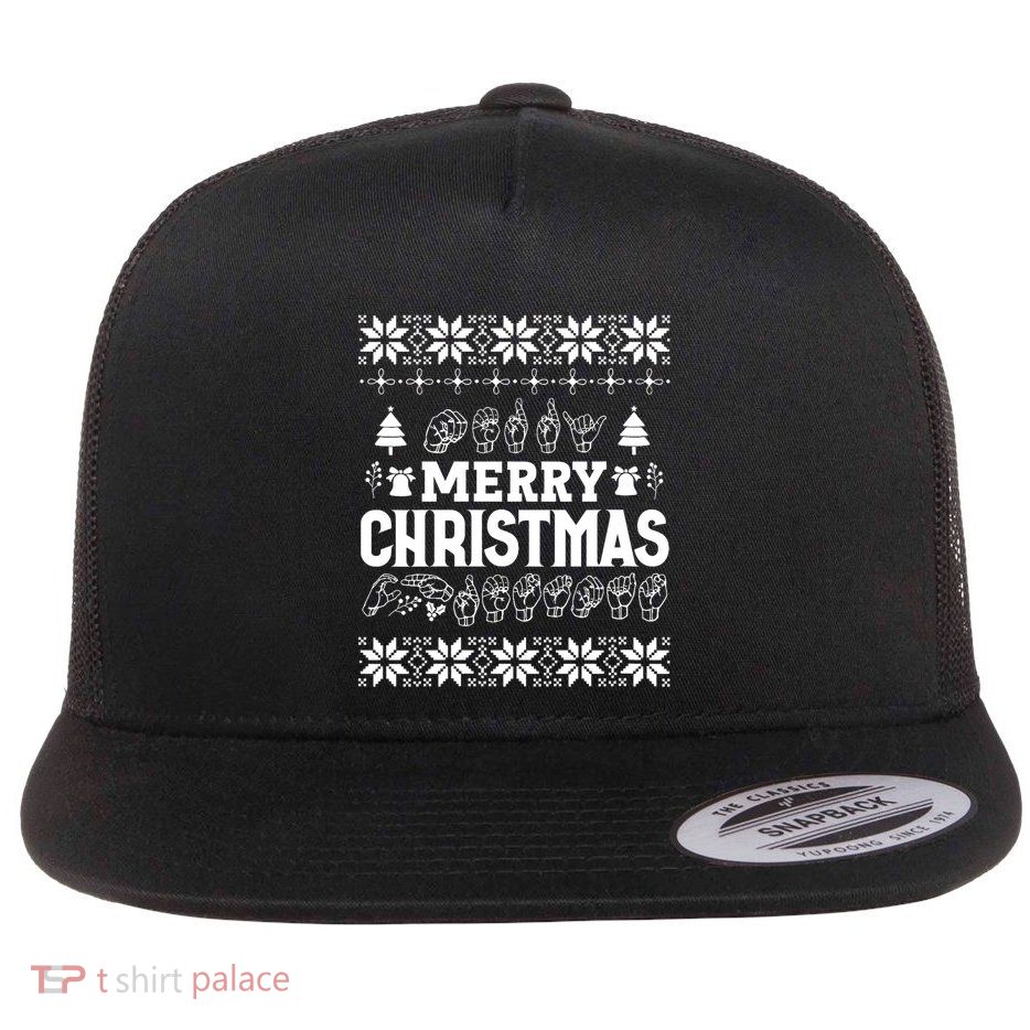 Merry Christmas In Sign Language Asl Hand Ugly Sweater Vneck Flatbill Hat
