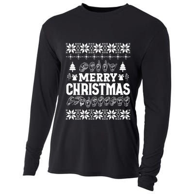 Merry Christmas In Sign Language Asl Hand Ugly Sweater Vneck Cooling Performance Long Sleeve Crew