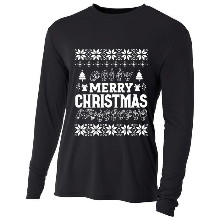 Merry Christmas In Sign Language Asl Hand Ugly Sweater Vneck Cooling Performance Long Sleeve Crew