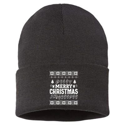 Merry Christmas In Sign Language Asl Hand Ugly Sweater Vneck Sustainable Knit Beanie