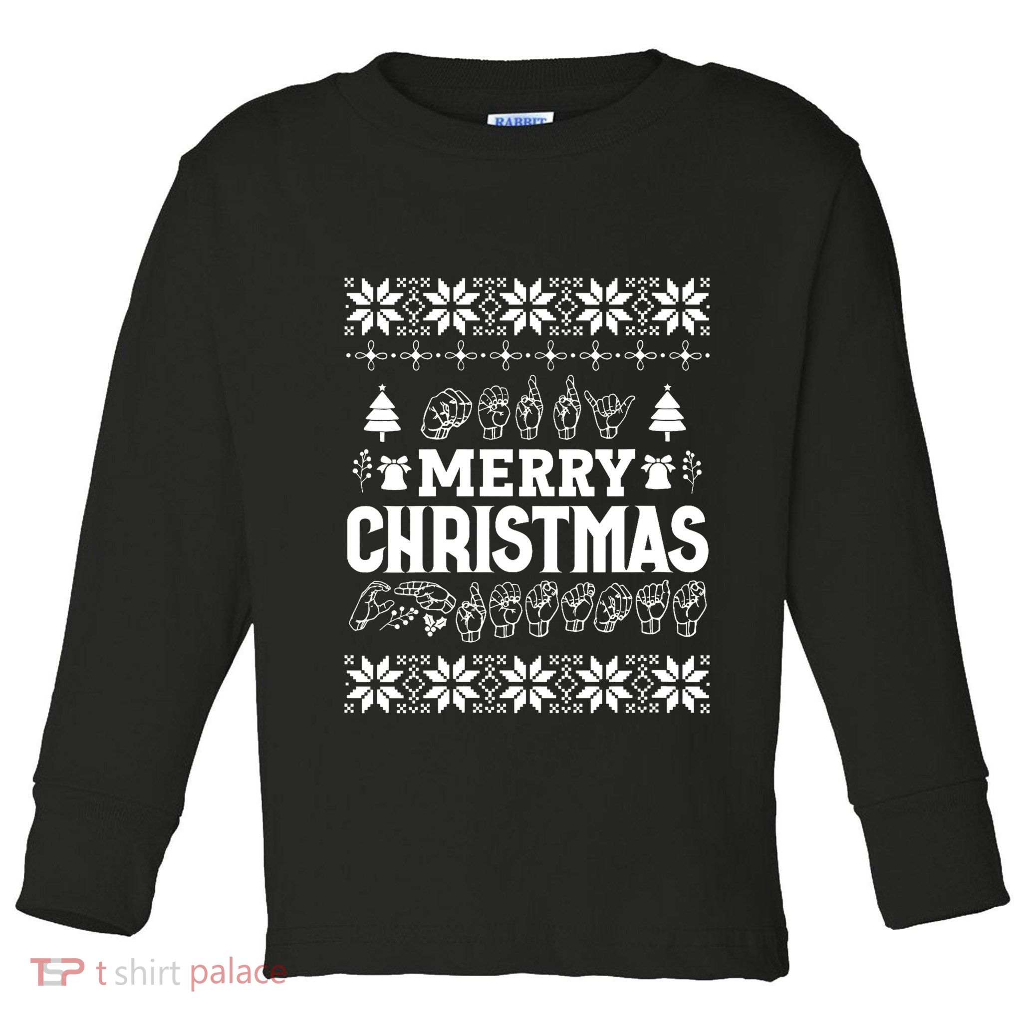 Merry Christmas In Sign Language Asl Hand Ugly Sweater Vneck Toddler Long Sleeve Shirt