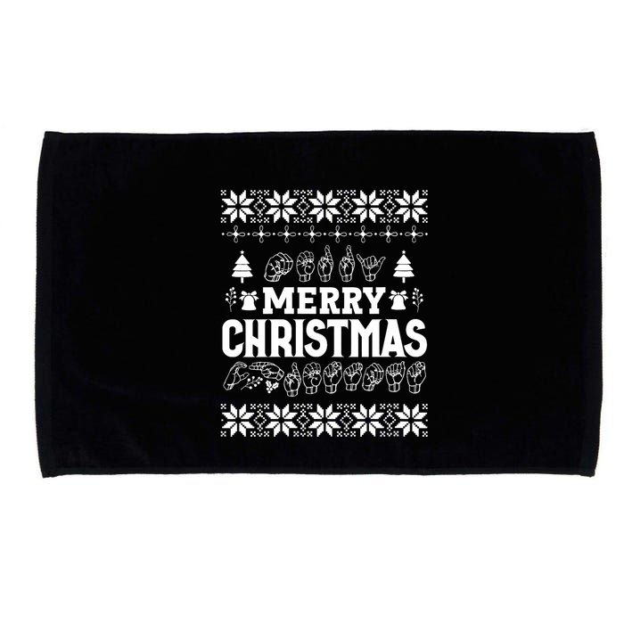 Merry Christmas In Sign Language Asl Hand Ugly Sweater Vneck Microfiber Hand Towel