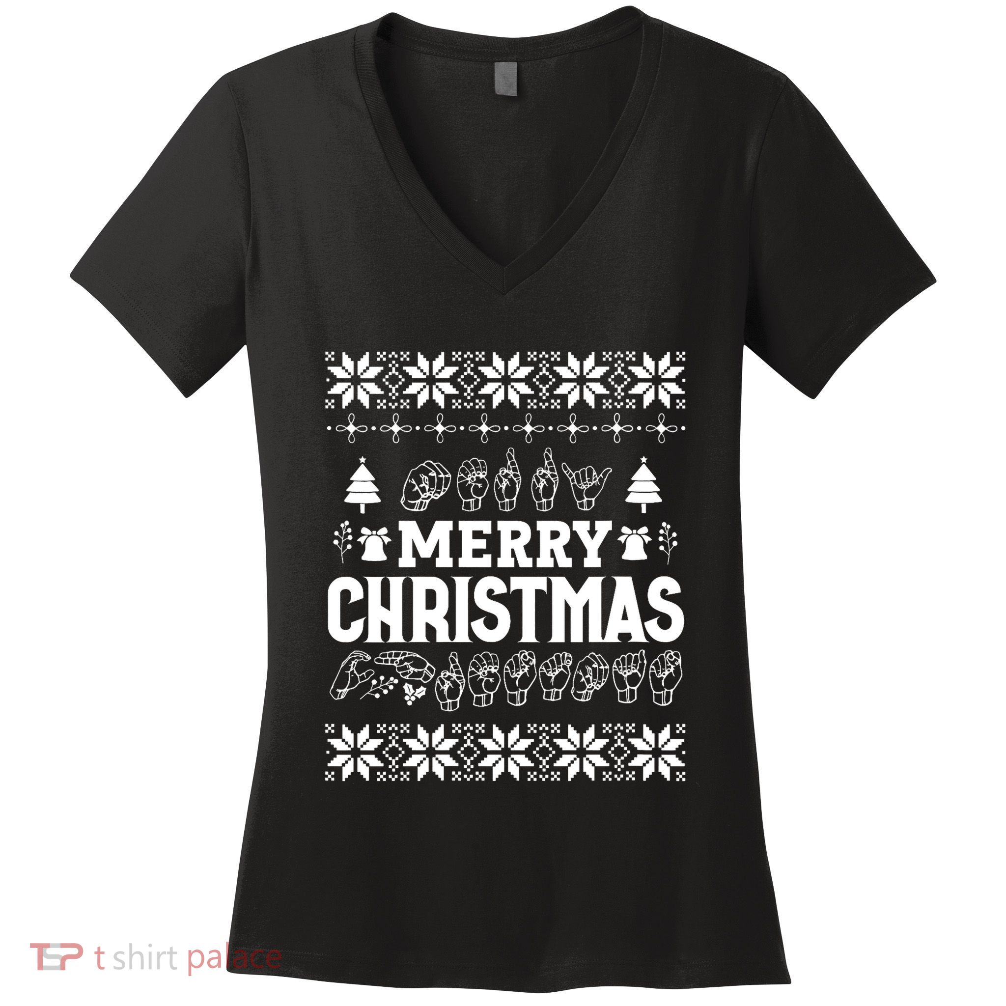 Merry Christmas In Sign Language Asl Hand Ugly Sweater Vneck Women's V-Neck T-Shirt