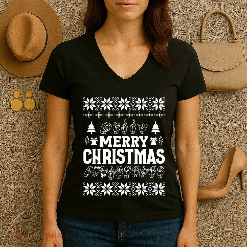Merry Christmas In Sign Language Asl Hand Ugly Sweater Vneck Women's V-Neck T-Shirt