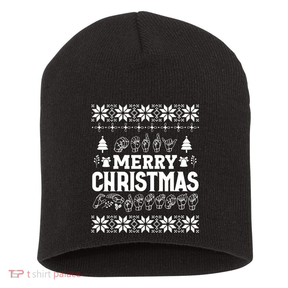 Merry Christmas In Sign Language Asl Hand Ugly Sweater Vneck Short Acrylic Beanie