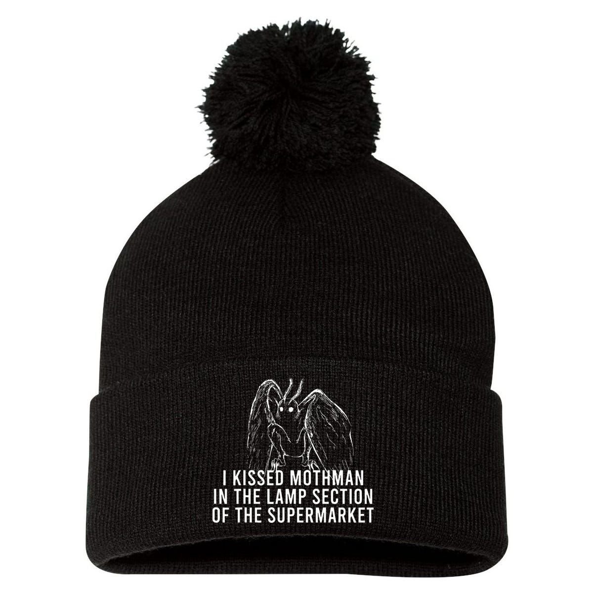 Mothman Cryptid I Kissed Mothman In The Lamp Section Pom Pom 12in Knit Beanie