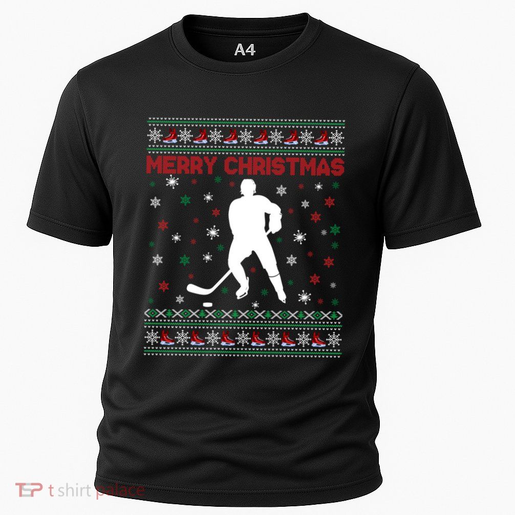 Merry Christmas Ice Hockey Ugly Xmas Snowflakes Tree Funny Gift Cooling Performance Crew T-Shirt
