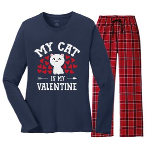 My Cat Is My Valentine Cute Valentines Day Cat Lover Women's Long Sleeve Flannel Pajama Set 